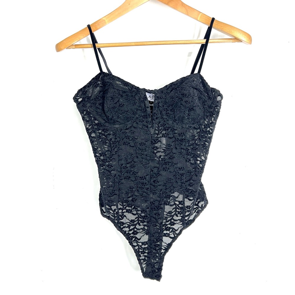 ASTR the Label Womens Black Lace Bodysuit AT19291 Sweetheart Thong Medium